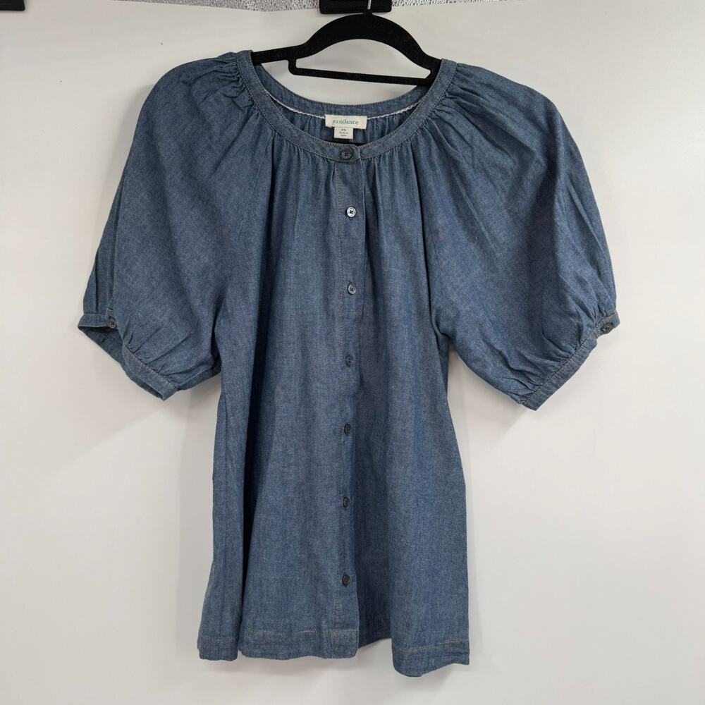 Sundance Chambray Denim Blouse XS Blue Puff Sleeve Peasant Button Up Round Neck